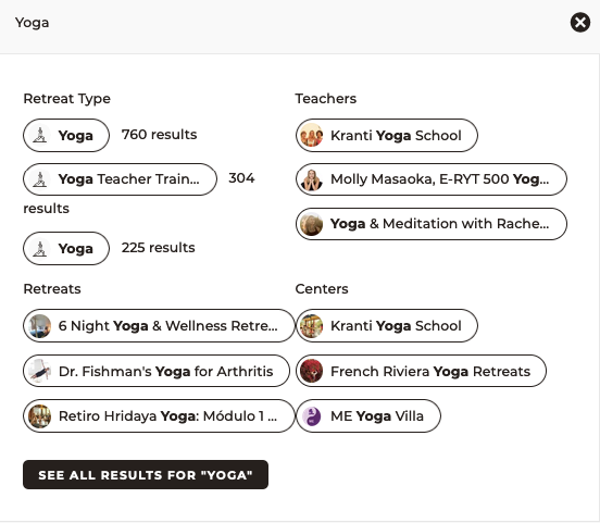 Search options for yoga